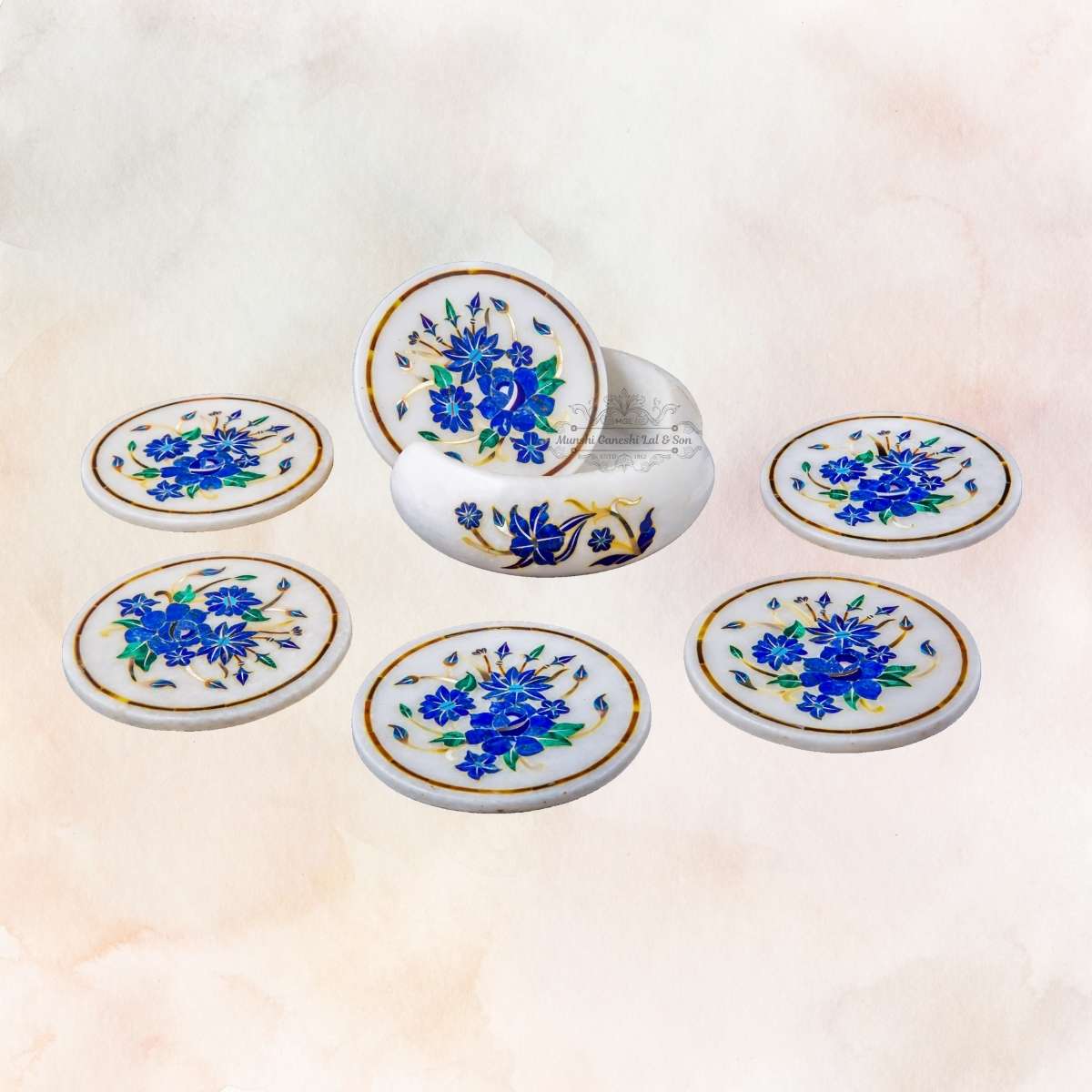 Blue Flower with Golden Outline Carved Design Marble Coaster